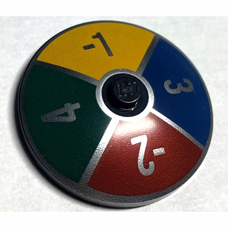 Dish 4 x 4 Inverted (Radar) with Solid Stud with Silver Number -1, -2, 3 and 4 on Dark Blue, Dark Green, Dark Red and Yellow Background Pattern (Game Spinner) Dish 4 x 4 Inverted (Radar) with Solid Stud with Silver Number -1, -2, 3 and 4 on Dark Blue, Dark Green, Dark Red and Yellow Background Pattern (Game Spinner)