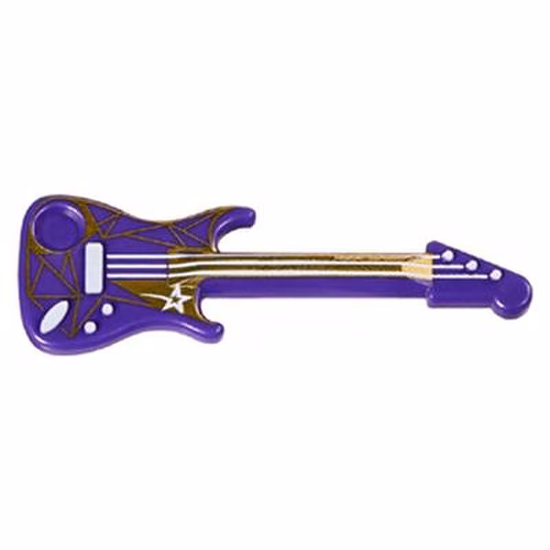 Minifigure, Utensil Musical Instrument, Guitar Electric with White Strings, Star, Bridge, and Output Jack and Gold Geometric Pattern Minifigure, Utensil Musical Instrument, Guitar Electric with White Strings, Star, Bridge, and Output Jack and Gold Geometric Pattern