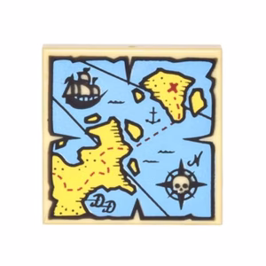 Деталь Lego 3068pb0929 Tile 2 x 2 with Map Blue Water, Yellow Land, Black Pirate Ship, Compass Rose, White Skeleton Head and Red 'X' Pattern