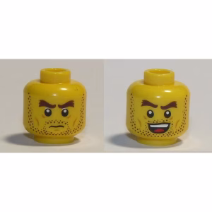Деталь Lego 3626pb2571 Minifigure, Head Dual Sided Dark Brown Beard Stubble, Dark Brown Thick Eyebrows, Grumpy / Open Mouth Smile Pattern