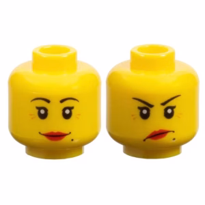 Деталь Lego 3626pb0366 Minifigure, Head Dual Sided Female Black Eyebrows, Single Eyelashes, Beauty Mark, Red Lips, Medium Nougat Wrinkles, Grin / Angry Lopsided Frown Pattern