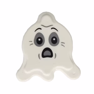 Деталь Lego 80677pb02 Tile, Round 2 x 2 Splat with Side Extensions with Ghost Face with Dark Bluish Gray and Light Bluish Gray Eyes and Scared Open Mouth Pattern (BAM)